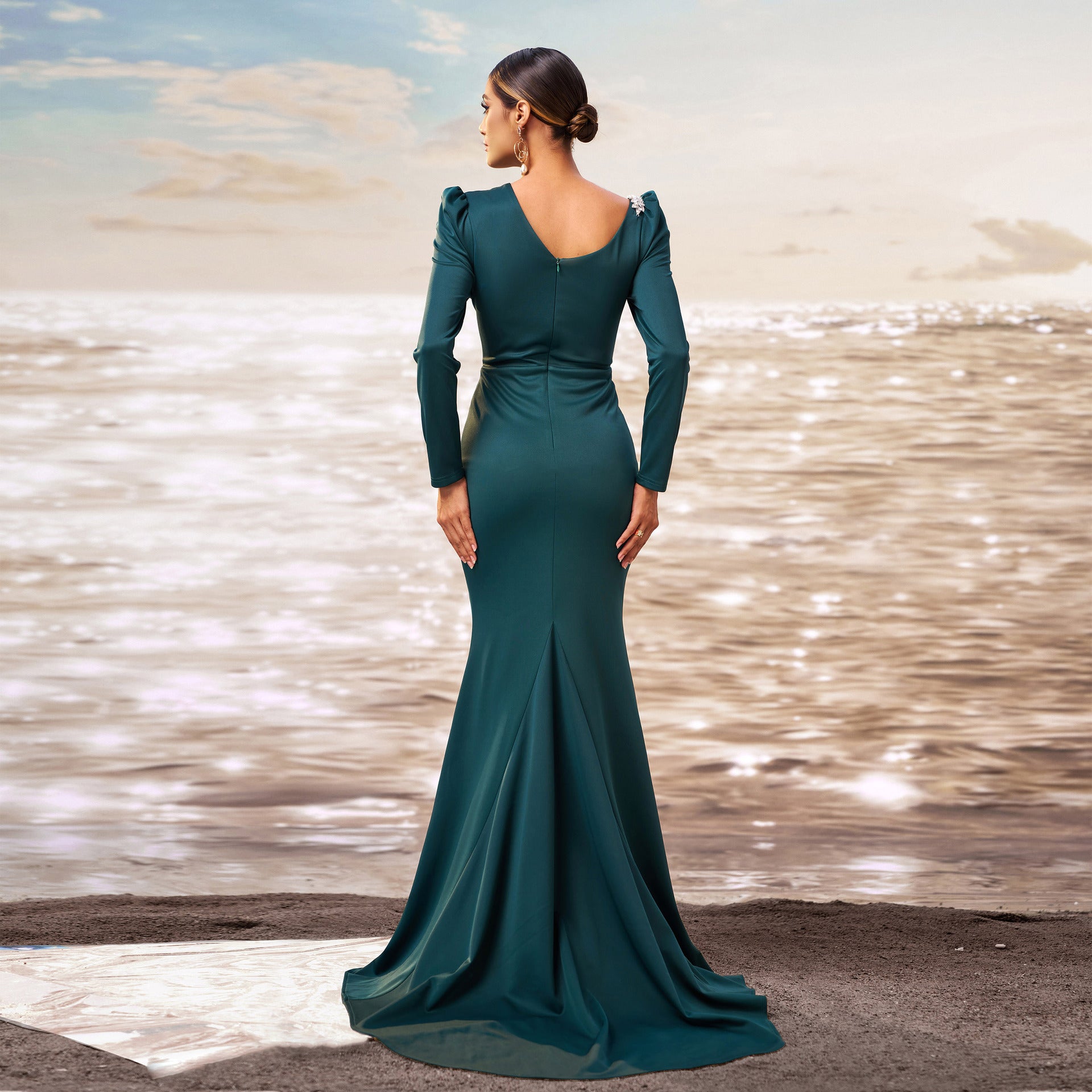 Women long sleeve Slash Shoulder Bodycon Formal Party fishtail slit evening dress 4