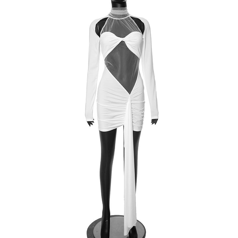 Women's Summer Solid Color Patchwork Mesh Round Neck Long Sleeve Slim Fit Pleated Short Dress 5