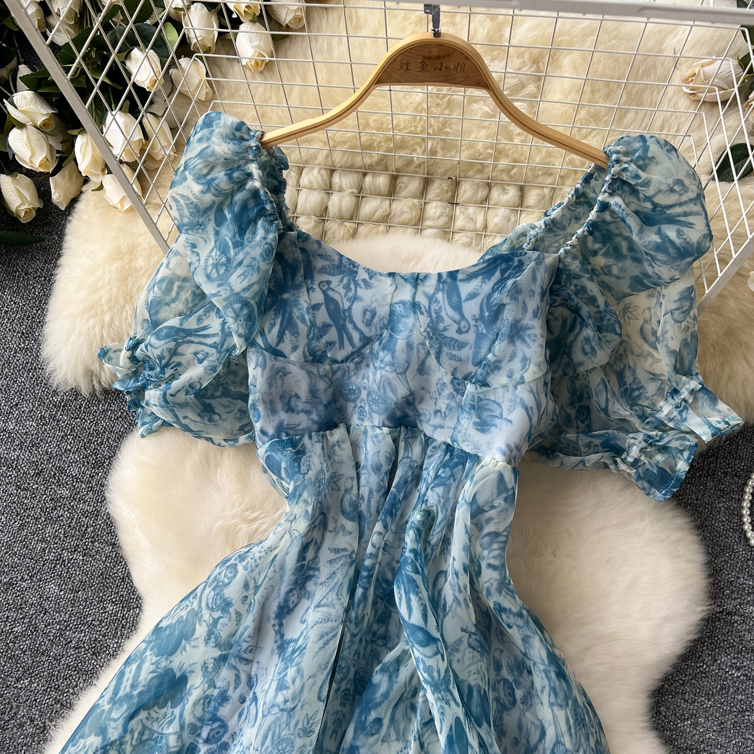 Organza Square Neck Puff Sleeve Chic Slim Waist Holiday Dress 4