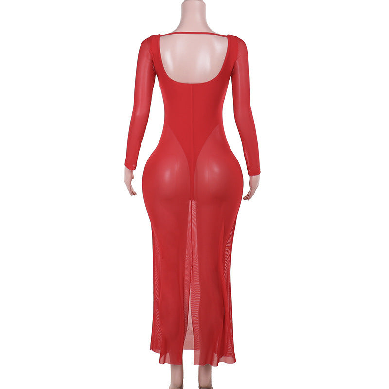 Women Fall Sexy Plunging Mesh Long-Sleeved Maxi Dress 11