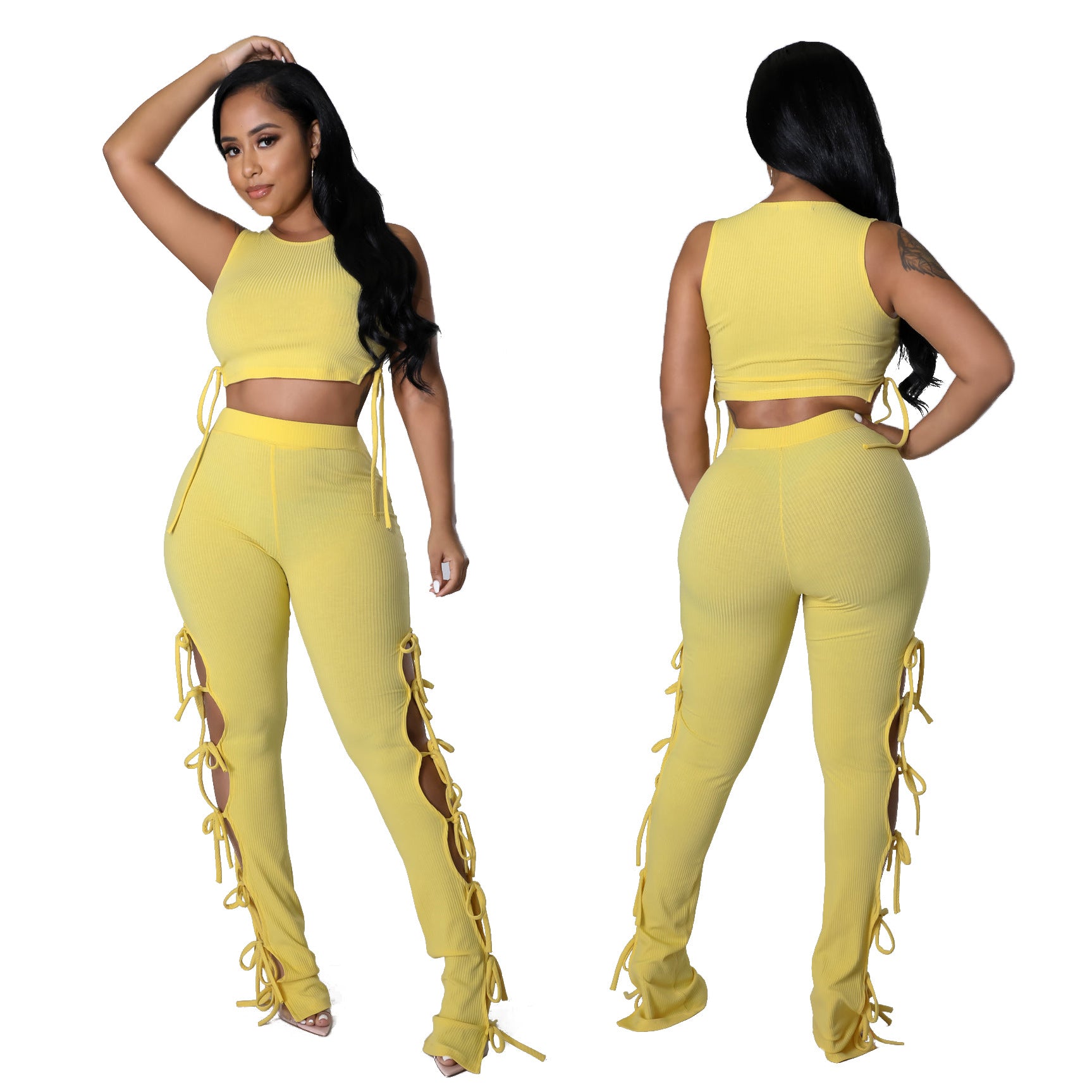 Women's Fashion Summer Style Cutout Tie Solid Color Ribbed Sleeveless Two-Piece Pants Set 8