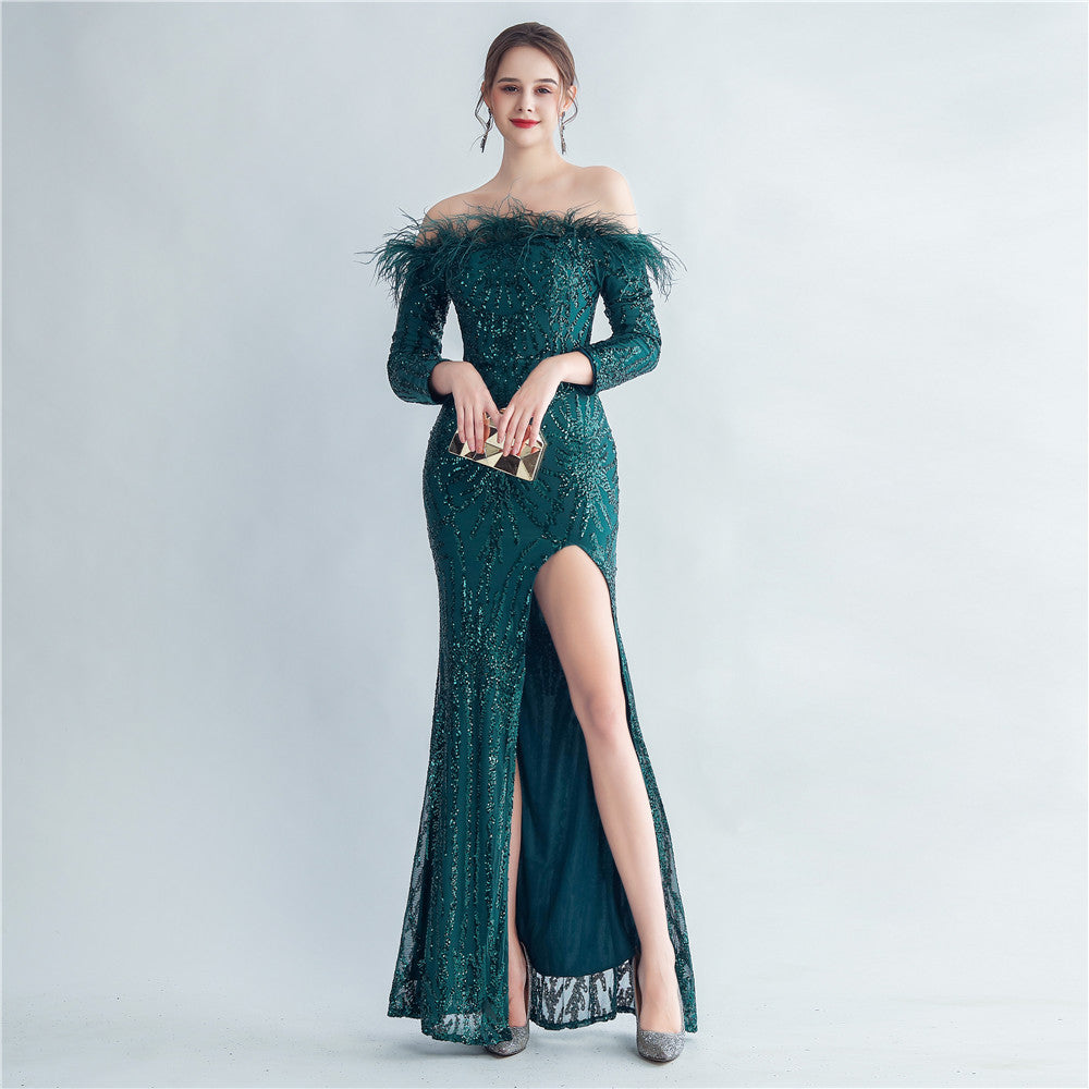 Feather Sequins Off Shoulder Long Sleeve Mermaid Evening Dress 14