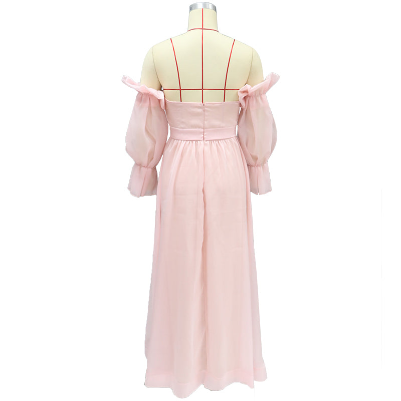 Plus Size Women's Off Shoulder Long Sleeve Solid Color A-Line Party Dress 7