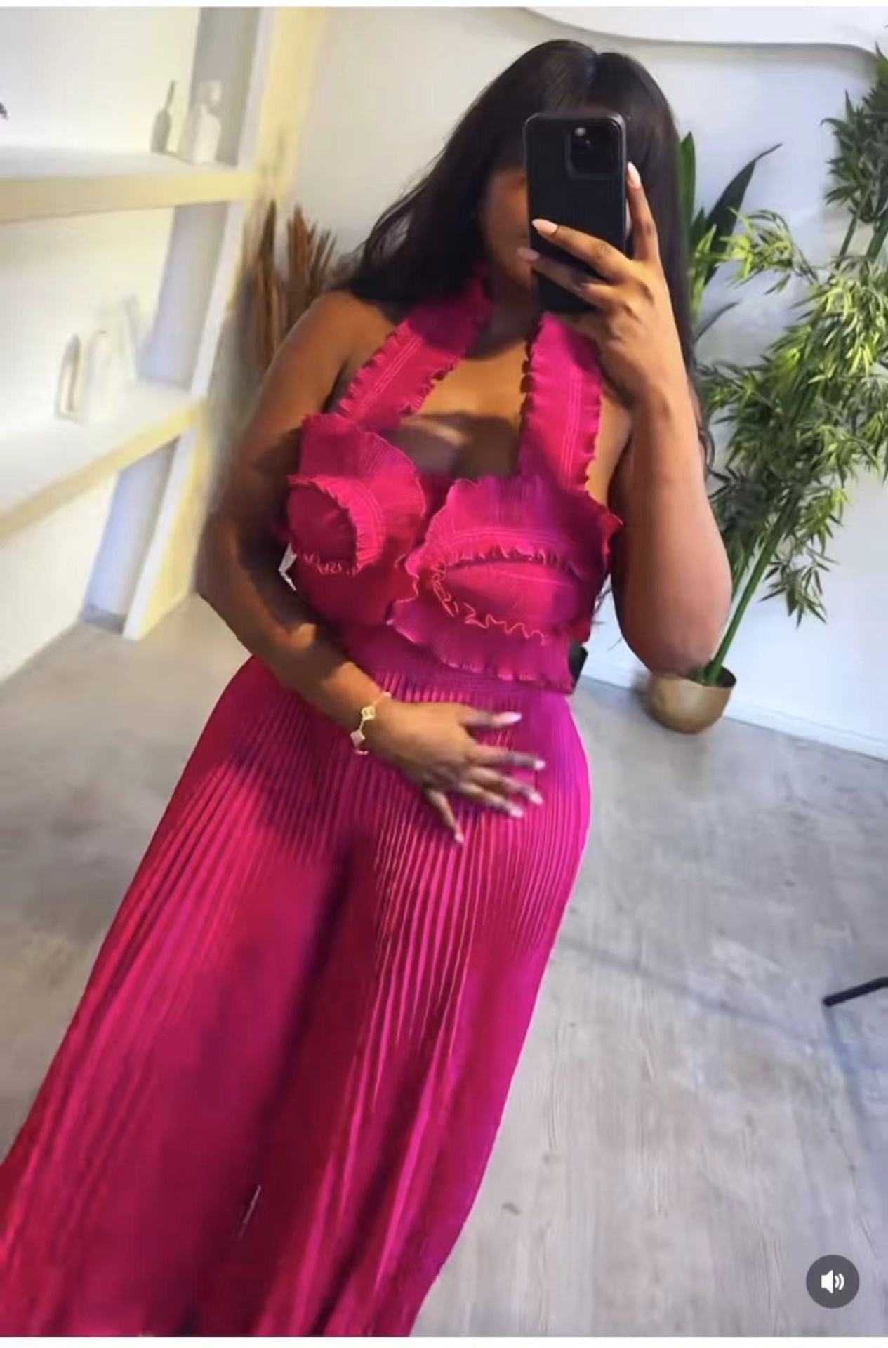 Women African Pleated Top + Wide Leg Pants Two-Piece Set 4