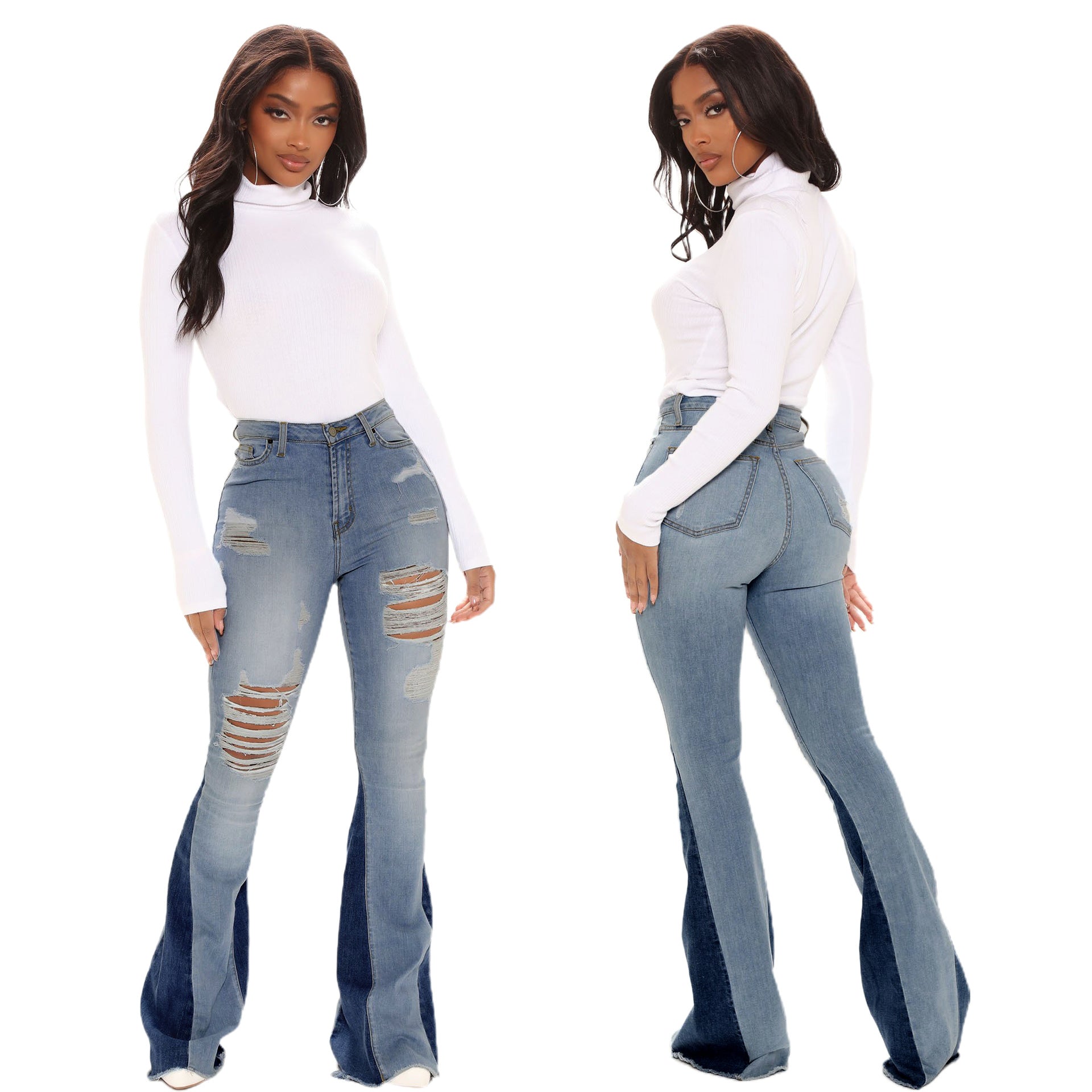 Women Casual Ripped Washed Bell Bottom Denim Pants 7