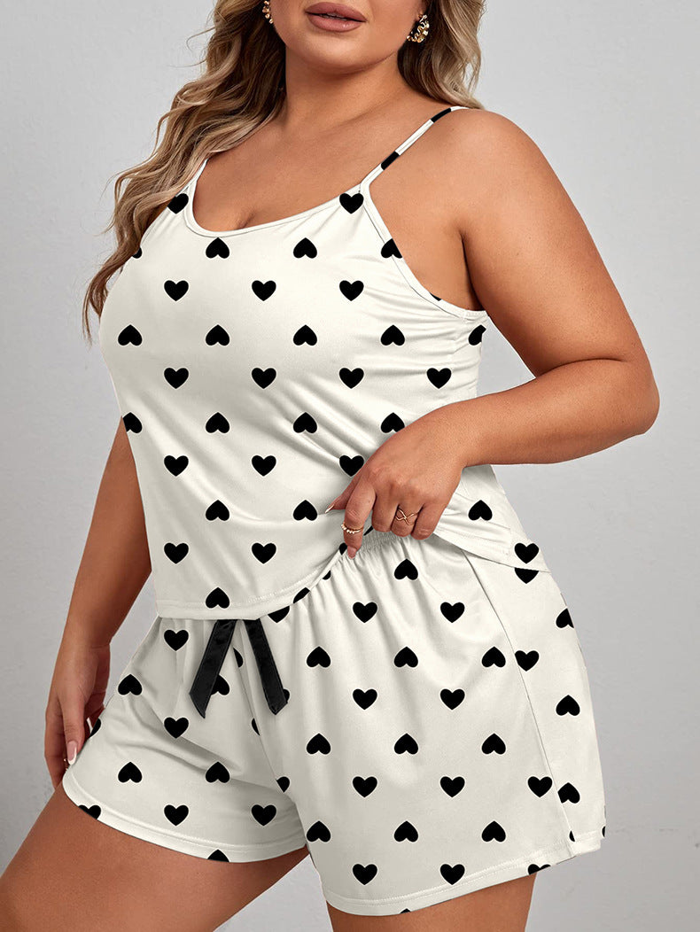 Summer Plus-Size Women's Heart Print Pajama Set Bow Shorts Loose Sleepwear 3