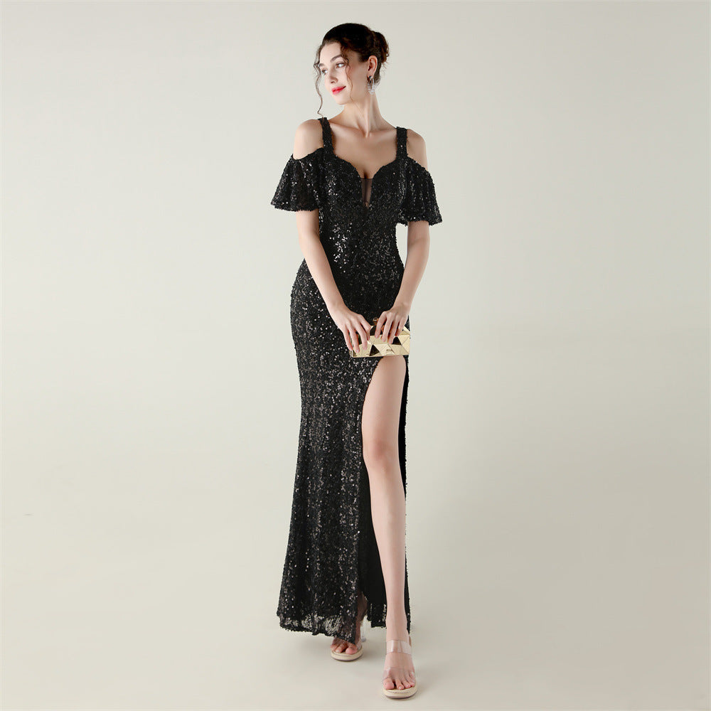Women sequined sequined  short-sleeved off-shoulder V neck split fishtail Formal Party evening dress