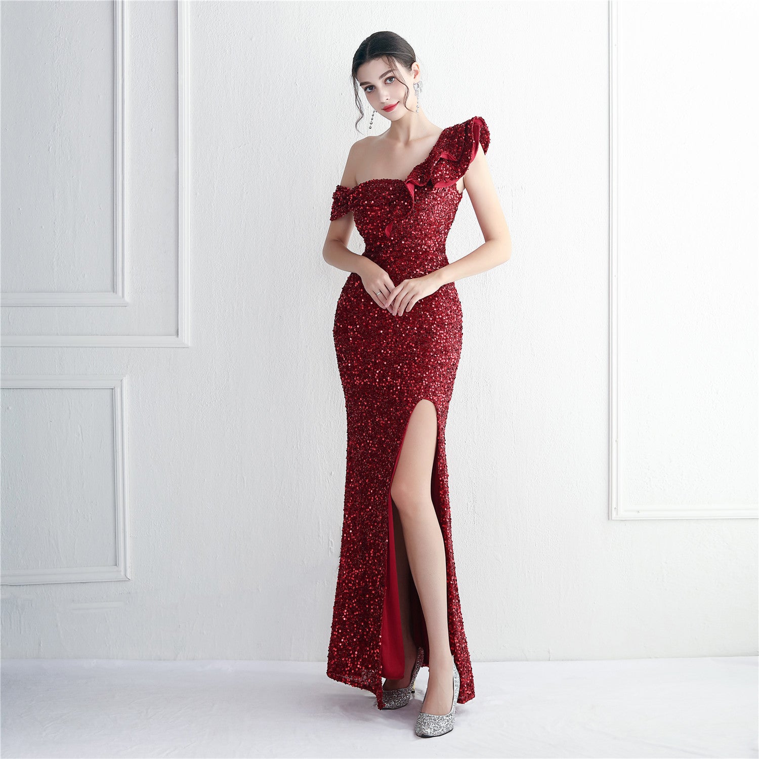 Elegant Sequin Ruffled One Shoulder Slit Prom Dress Slim Fit Fishtail Formal Party Evening Gowns 10