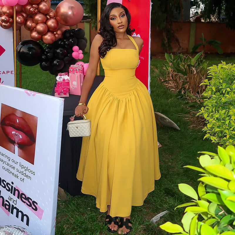 Women Career Pleated Halter Neck Sleeveless Solid Maxi Dress 3