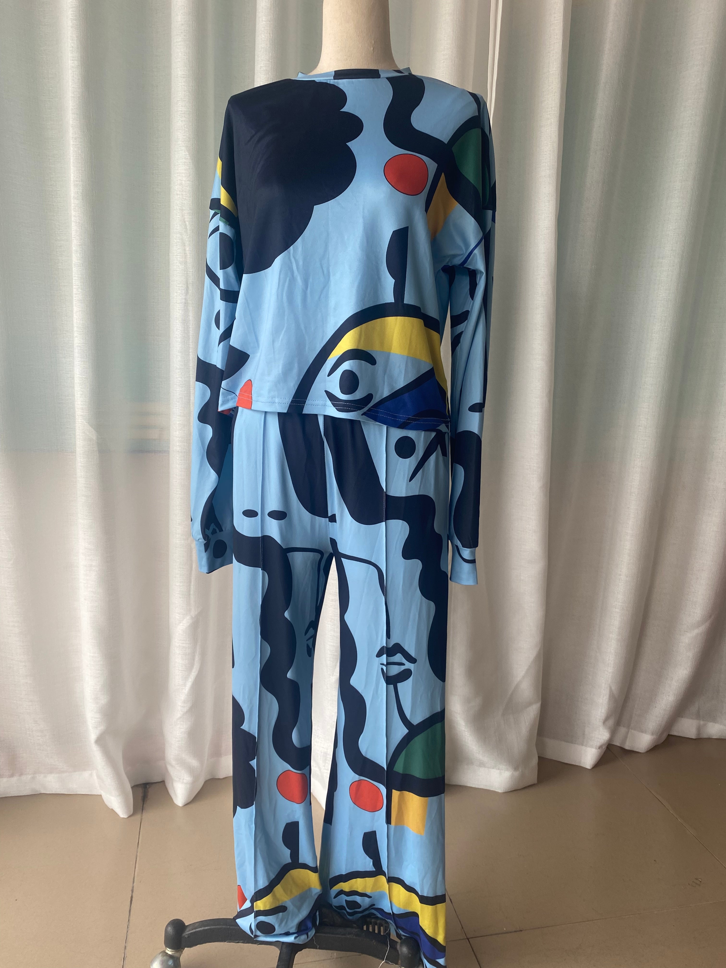 Autumn And Winter Women's Fashion Style Graffiti Printed Loose Long Sleeve Shirt Straight Pants Two Piece Set 7