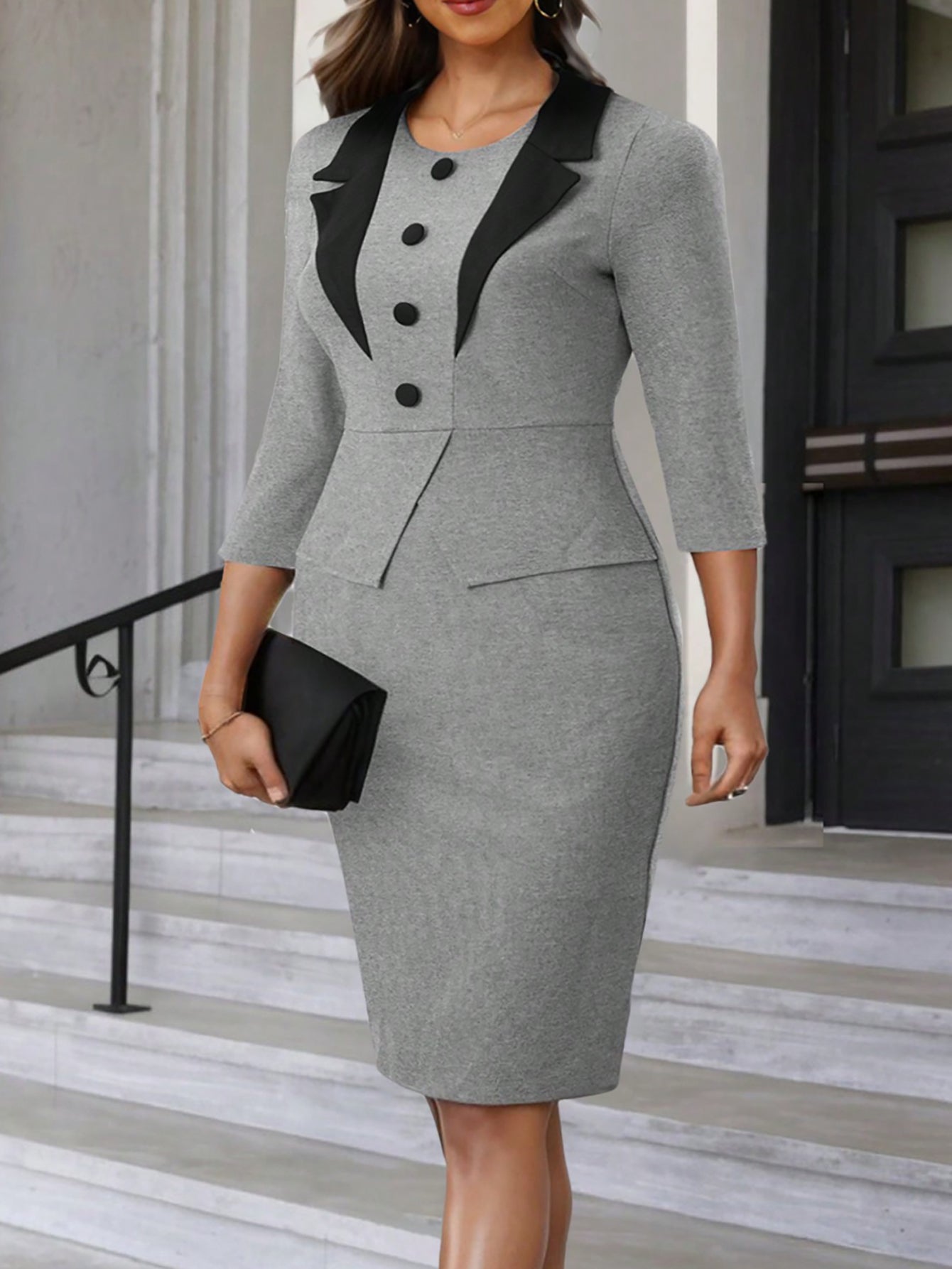 Women's Plus Size Autumn Round Neck Color-Blocked Slim Fit Trendy Career Dress 4