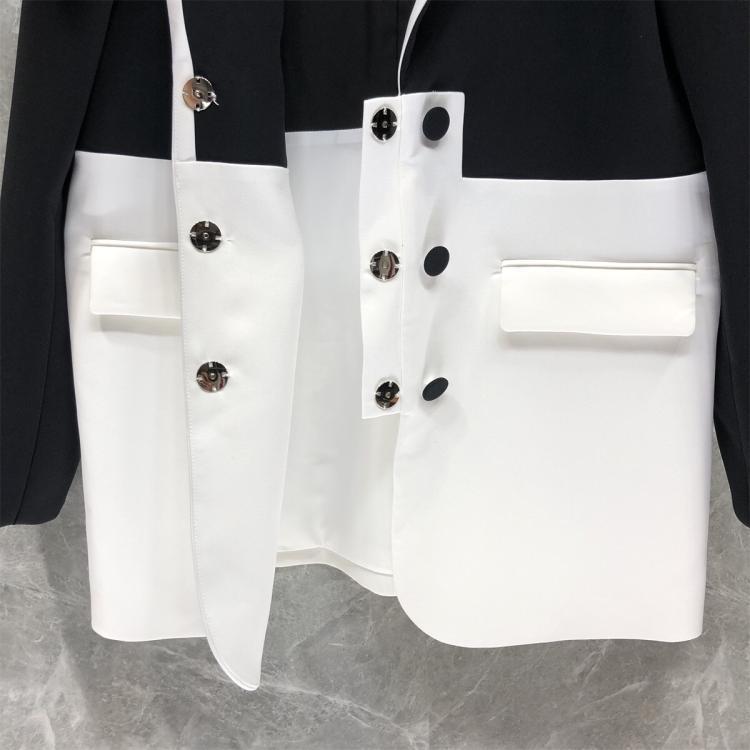 Women's Autumn Winter Coat Chic Black and White Colorblock Double Breasted Maxi Blazer 5