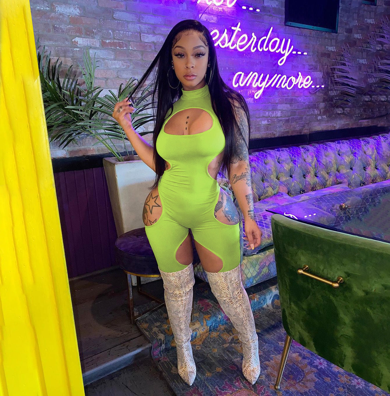 Women's Summer Solid Color Sexy Hollow Short-Sleeve Jumpsuit 4