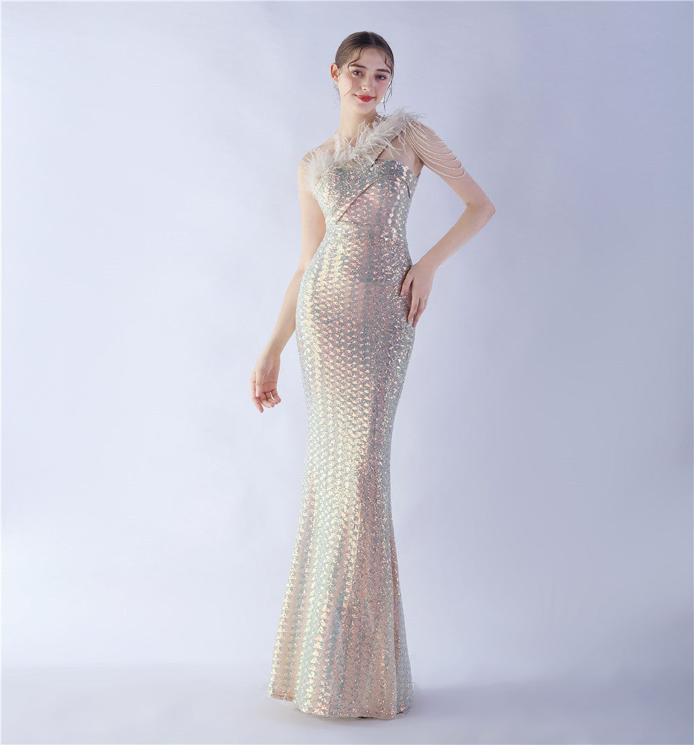 Women Ostrich Feather Beads Symphony Sequins Formal Party Evening Dress 11