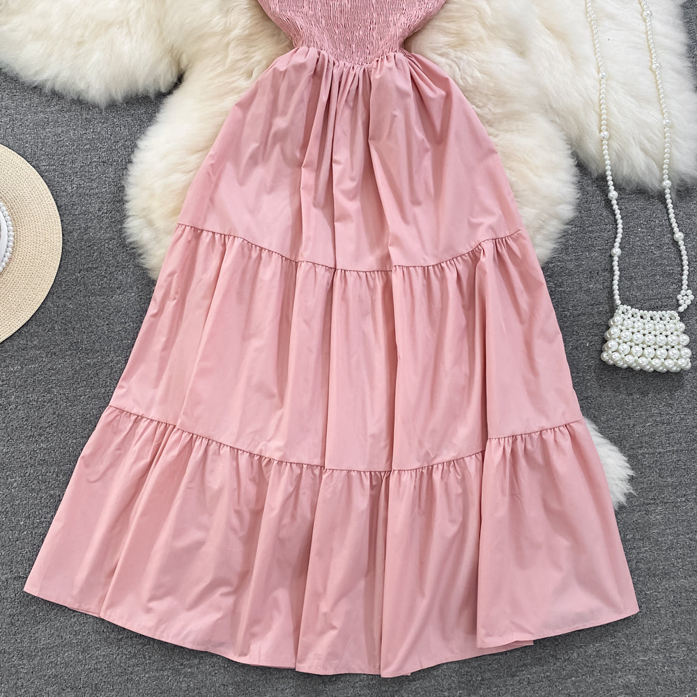 Retro Chic Sleeveless Slash Shoulder Slim Waist Slim Fit Beach Holidays A-Line Long Dress 43