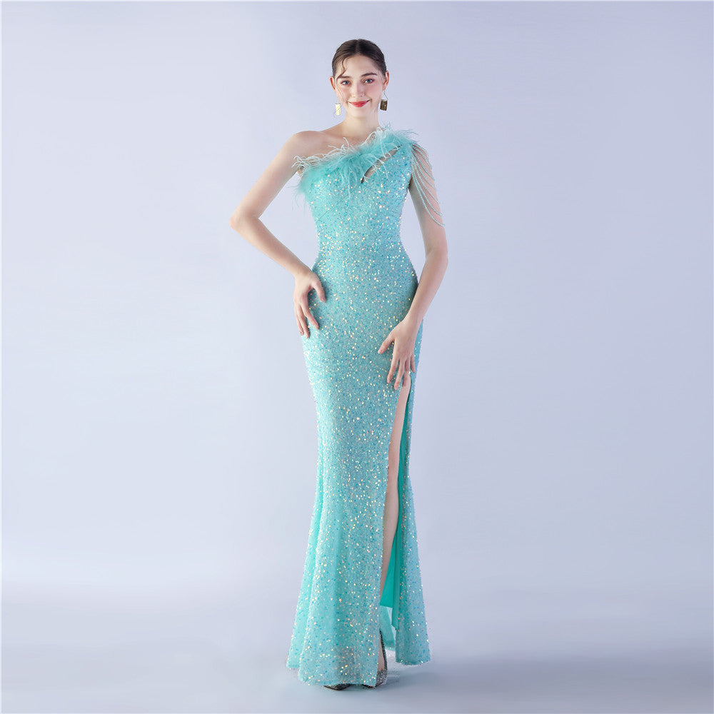 Sexy Feather Sequins Slash Shoulder Side Slit Evening Dress 7