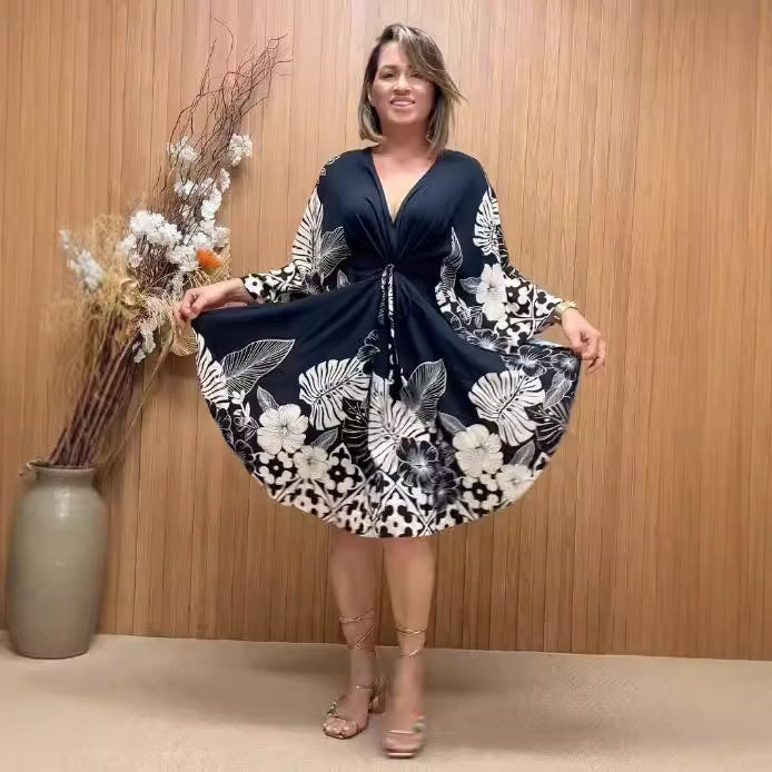 Casual fashion printing Lace-Up v-neck long sleeve dress 5