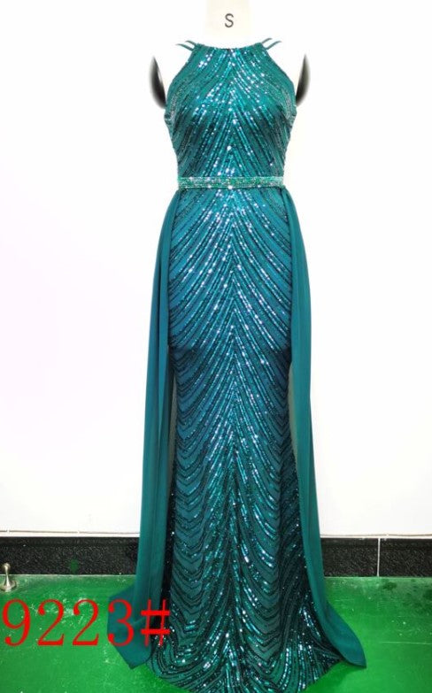 Positioning flower sequins evening dress craft beading Halter Neck style Chic glamorous lady Formal Party long gown 16