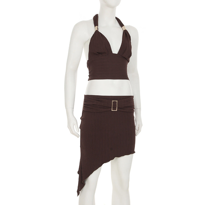 Women sexy metal v-neck Halter Neck lace tank top and belt Skirt two-piece suit 10