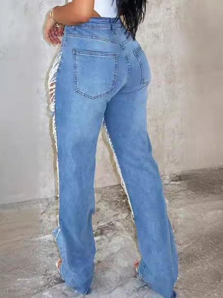 Women Chain Ripped Denim Pants 3