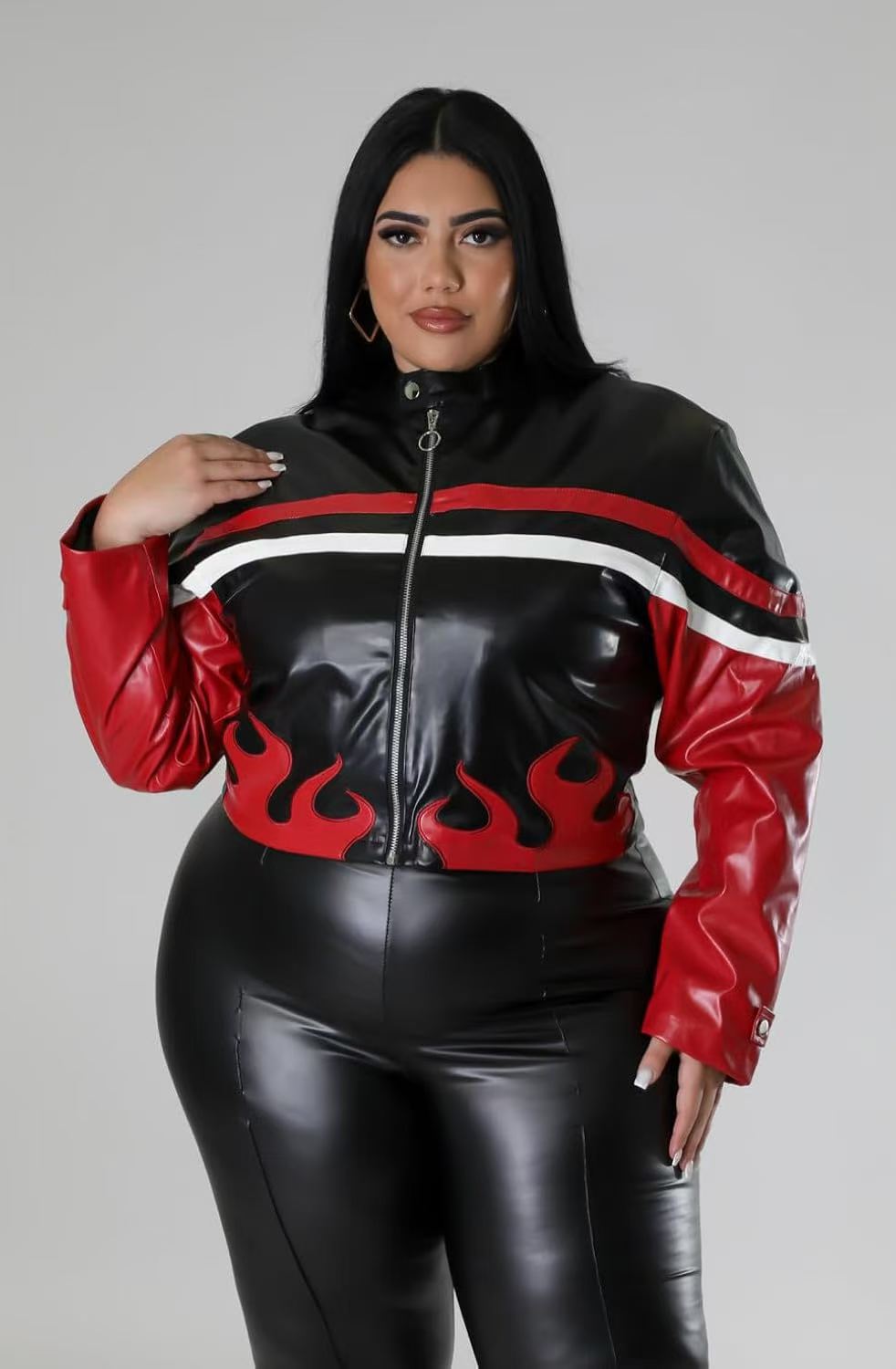 Women's Embroidered Flame Patchwork Leather Jacket 10