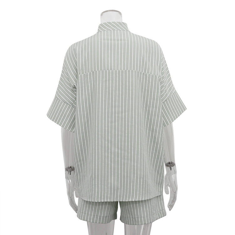 Stand Collar Short Sleeve Striped Shirt Loose Shorts Comfortable Casual Two-Piece Set 9