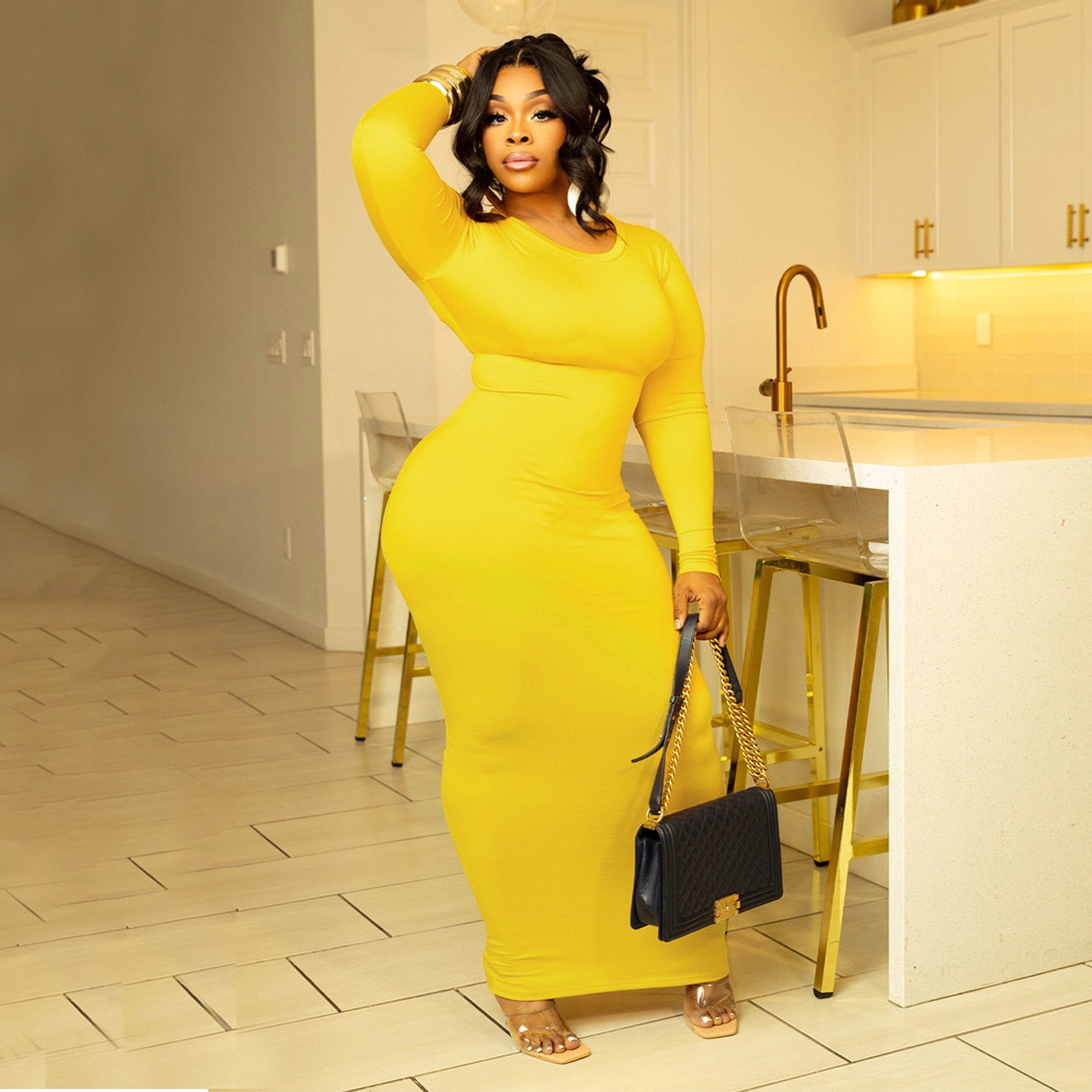 Women's Fashion Sexy Solid Color Round Neck Long Sleeve Slim Long Dress 11