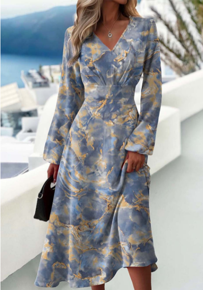 Autumn and winter fashion Chic elegant printed v-neck long-sleeved dress