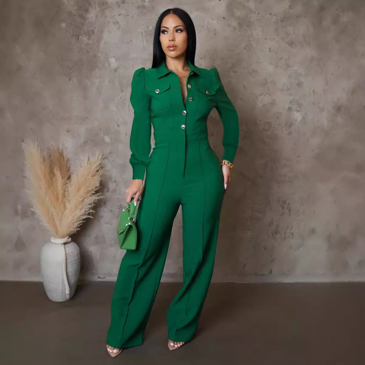 Women's Solid Color Button Turndown Collar Long Sleeve Causal Jumpsuit 6