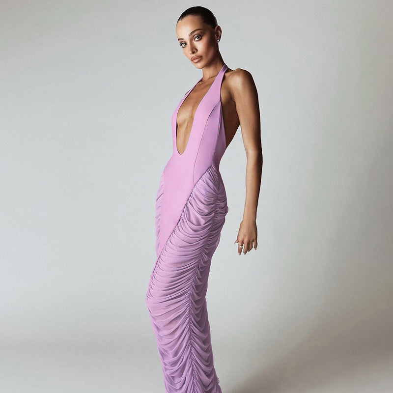 Women summer sexy deep V-neck Halter Neck Patchwork Mesh Dress