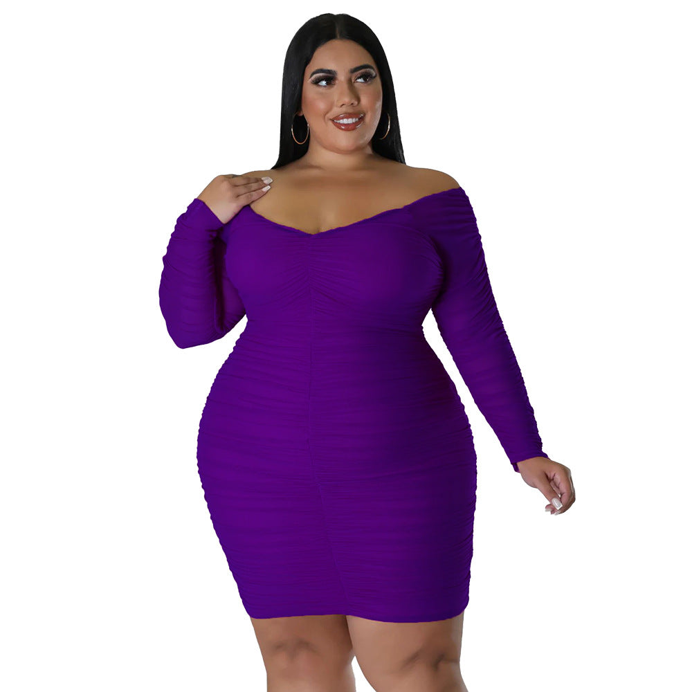 Plus Size Women Fall Off Shoulder Long Sleeve Bodycon Dress 4
