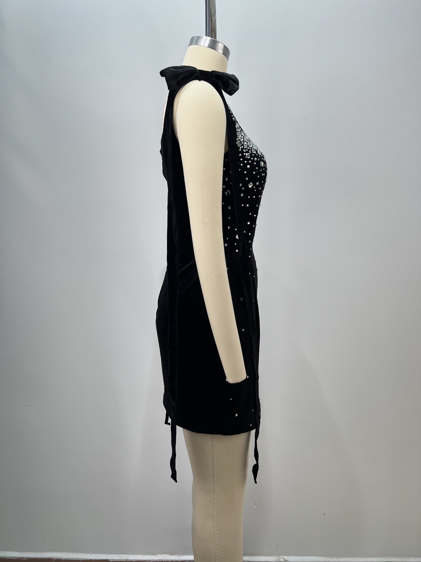 Women black suspender bow beaded beaded formal party bandage dress 5