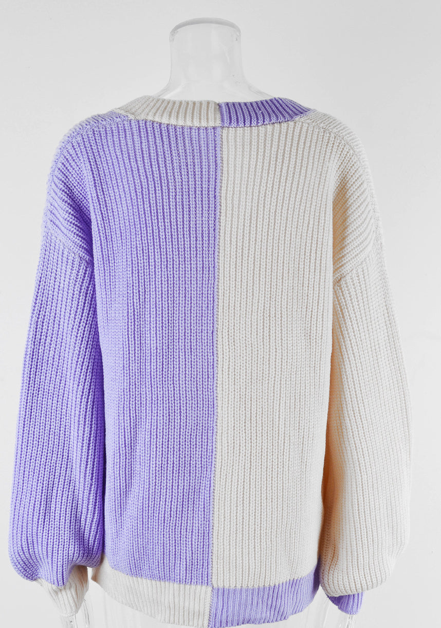 Plus Size Women Loose Patchwork Colorblock Knitting Cardigan Sweater 23