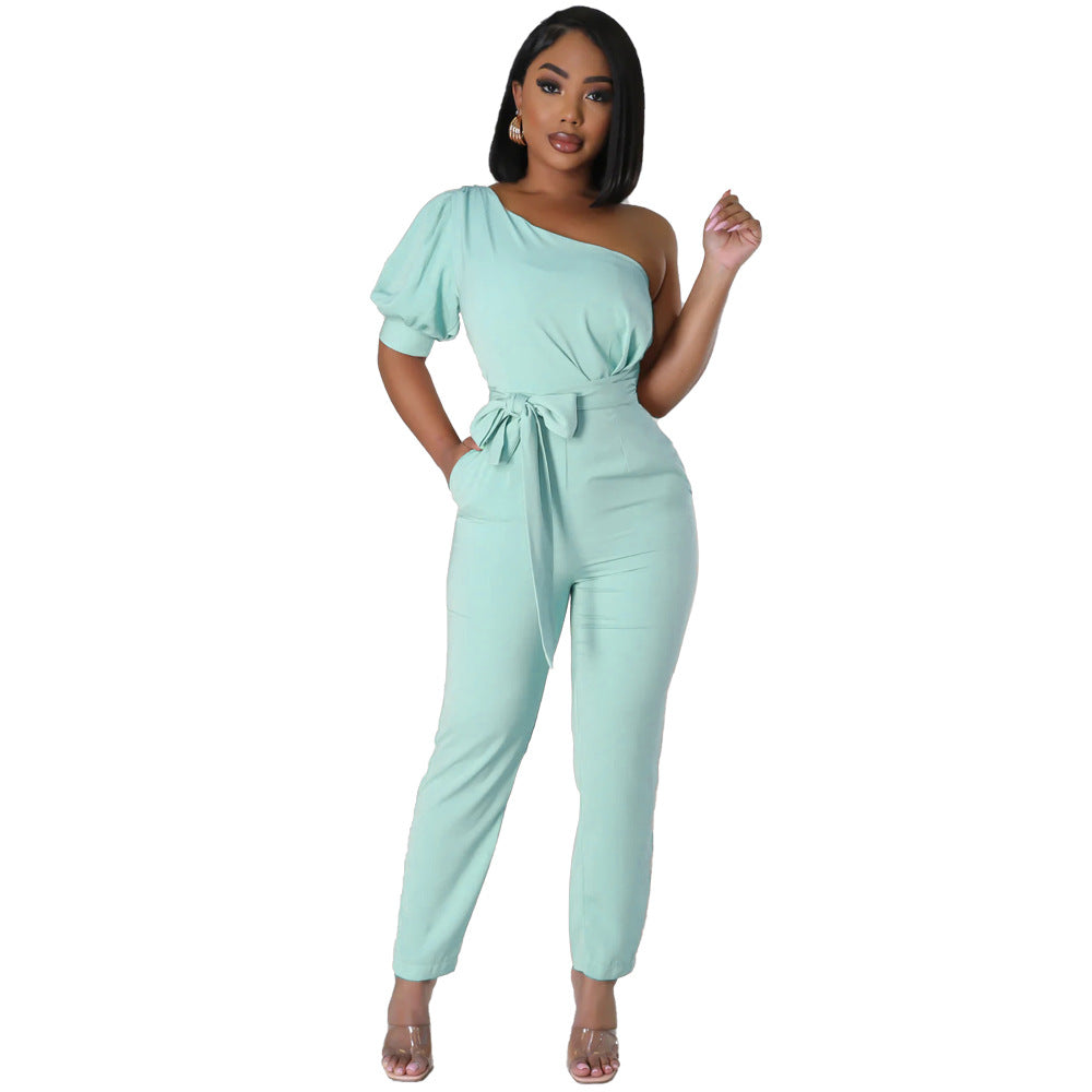 Fashion One Shoulder High Waist Low Back Slim Fit One Piece Trousers Women's Jumpsuit 10