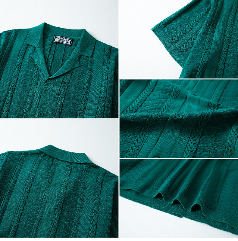 Men's Summer Short Sleeve Striped Hollow Casual Polo Top 15