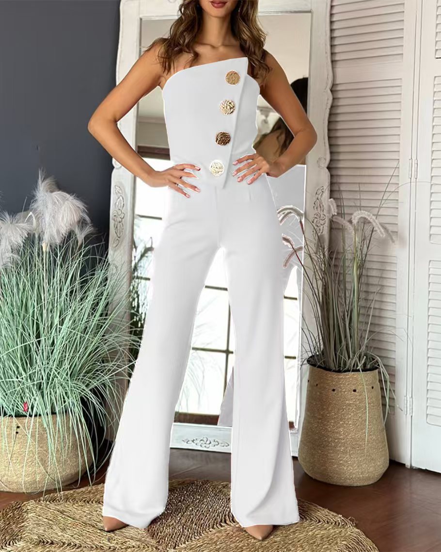 Summer Sexy Solid Color Strapless Button Flared Jumpsuit For Women 13