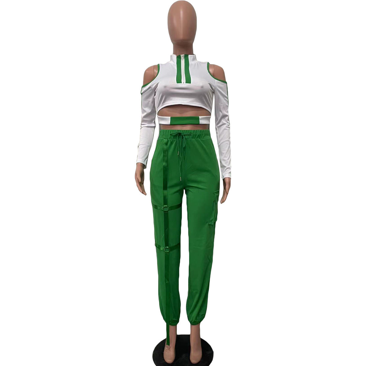 Fashionable Color Contrast Cutout Long Sleeve Two Piece Pants Set 9