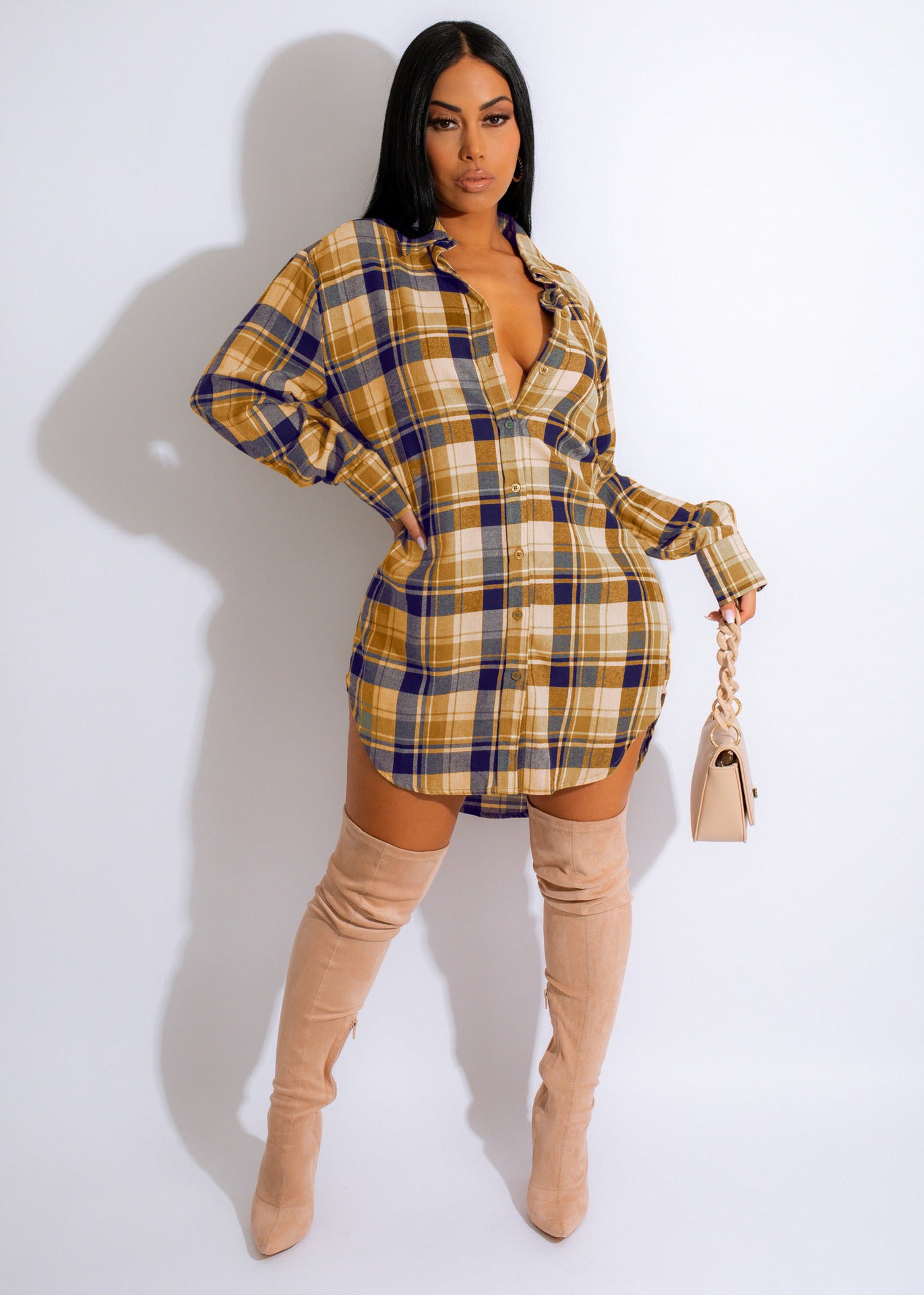 Women's Casual Loose Classic Plaid Shirt Dress 3