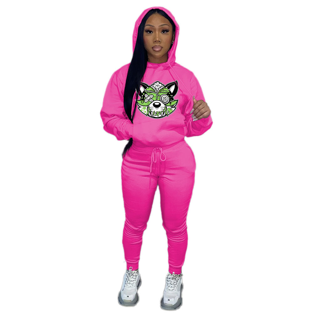 Fall/Winter Plus Size Women'S Print Casual Hooded Two Piece Pants Set Tracksuit 6