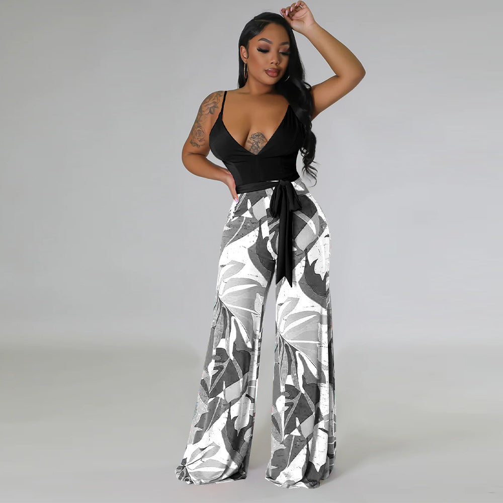 Women's Fashion Summer Sexy Low Back Deep V Straps Jumpsuit