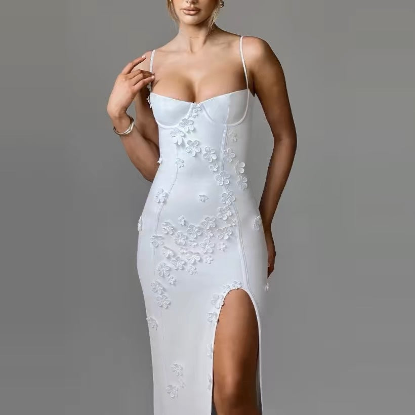 Sexy White Floral Strap Slit Dress 7