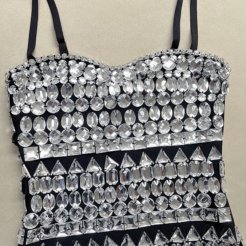Women's Black Spiked Sleeves Straps Sleeveless Rhinestone Dress Women's Clothing 14