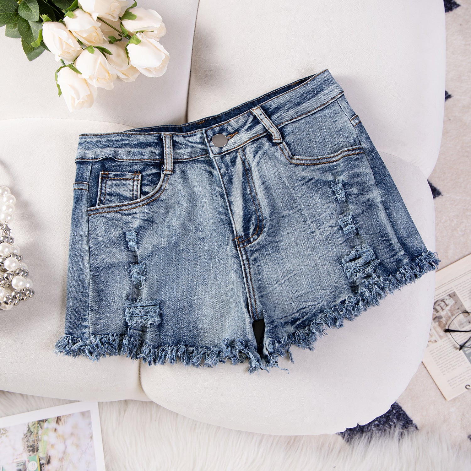 Sexy Casual High-Waist Plus Size Ripped Denim Shorts 17