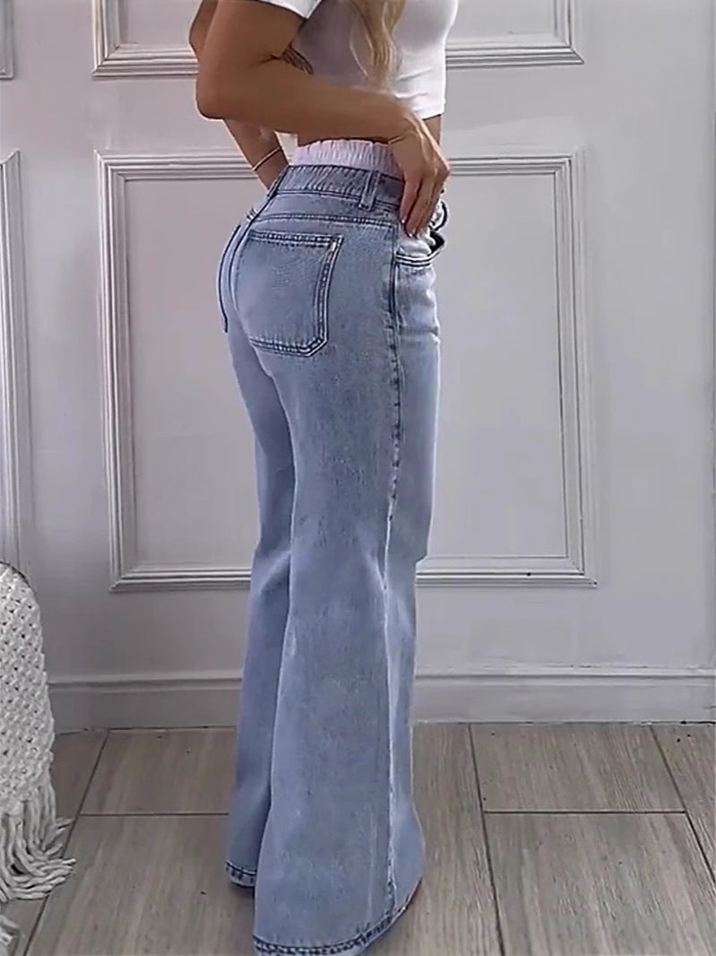 Women American Retro Non-elastic Contrast Color Wide Leg Denim Pants 7