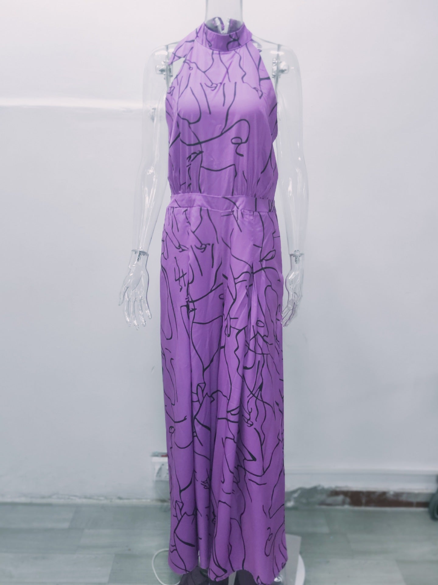 Summer Women Elegant Lace-Up Sleeveless Halter Neck Print Jumpsuit 37