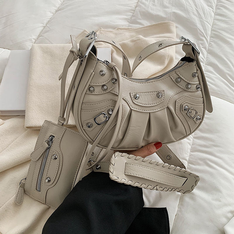 Diagonal pleated single shoulder women's retro rivet bag 33