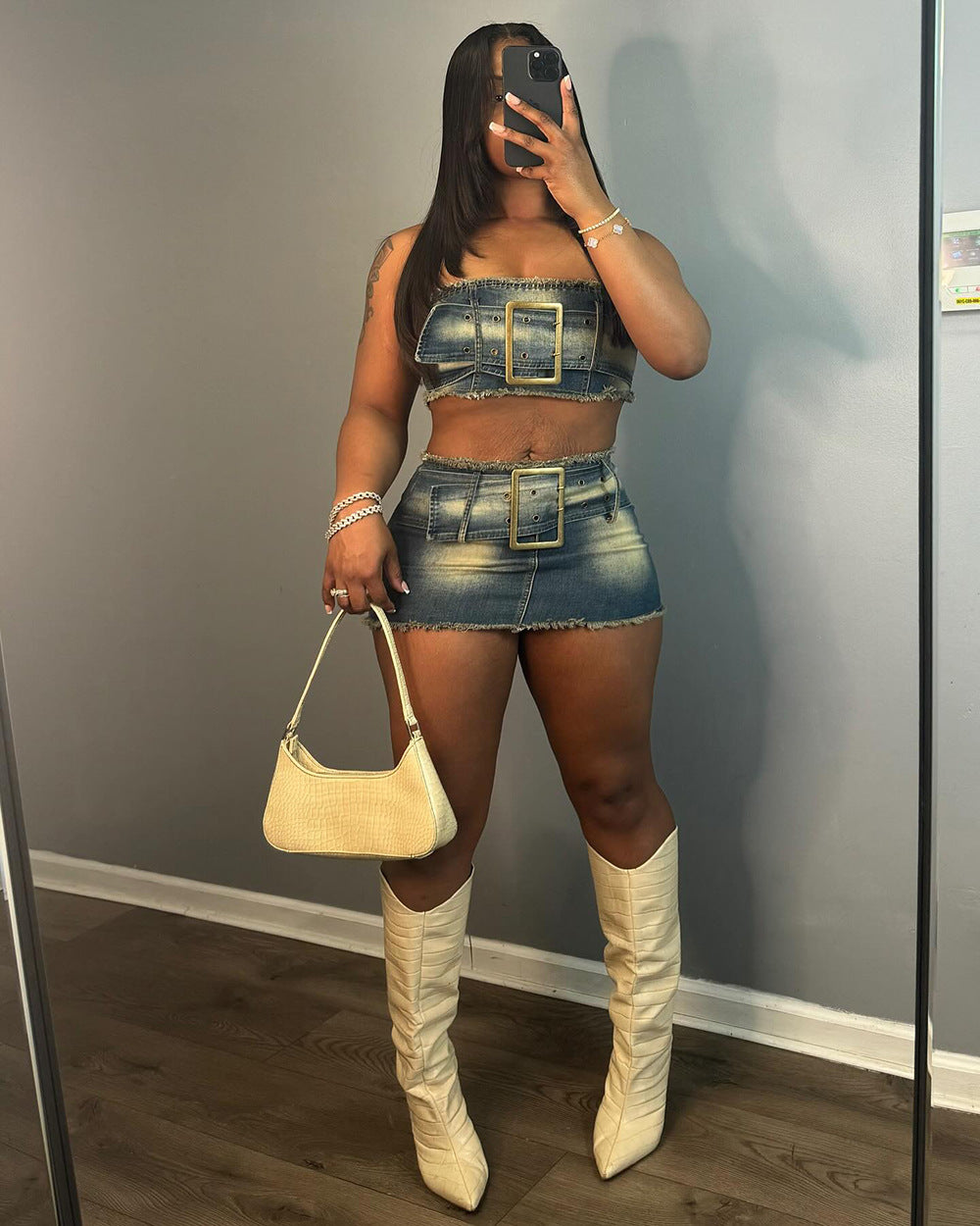 Women's Sexy Denim Strapless Belted Top Fashion Slim Skirt Set Two Piece Set 3