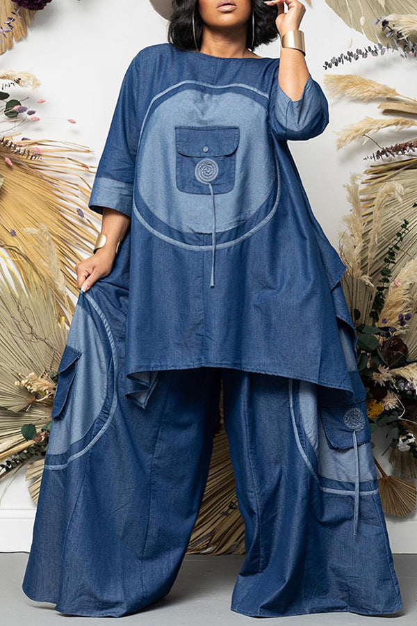 Women large accordion pocket loose two-piece set