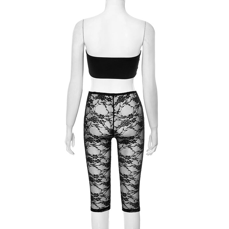 Women's ultra-short Strapless top lace Tight Fitting Knee-Length Shorts two-piece set 7