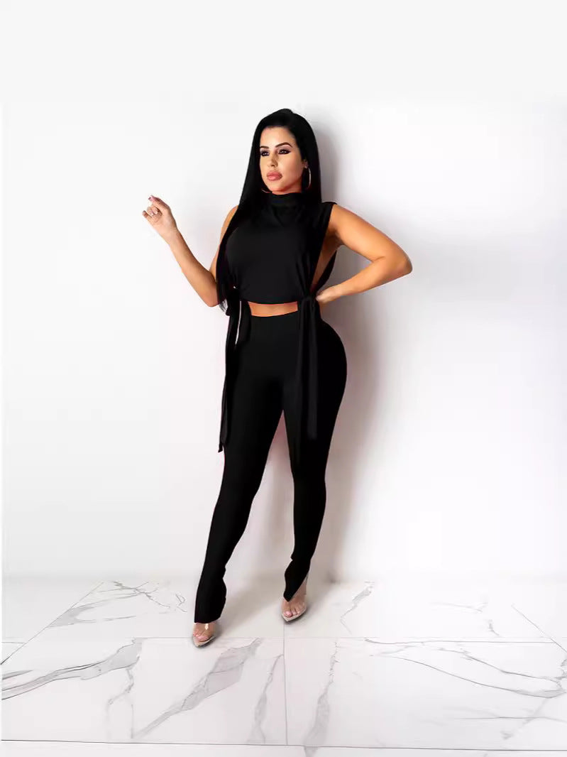 Women Solid Lace-Up Sexy Top and Pant Two-piece Set 6